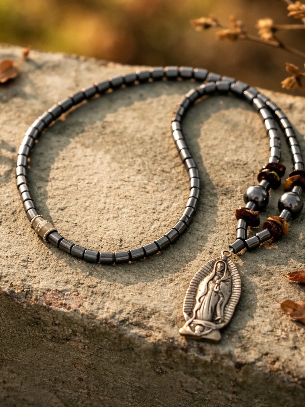 Vintage Silver Tone Virgin of Guadalupe Hematite Necklace Men’s Or Ladies